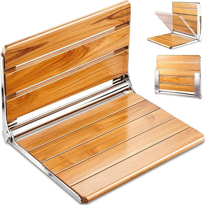 [Upgraded Version] 20" Folding Teak Shower Seat Wall Mounted- Shower Bench for Inside Shower, ADA Compliant Teak Shower Seat Wall Mounted Bench Bathroom Stool, Folding Bathtub Shower Seat for Elderly