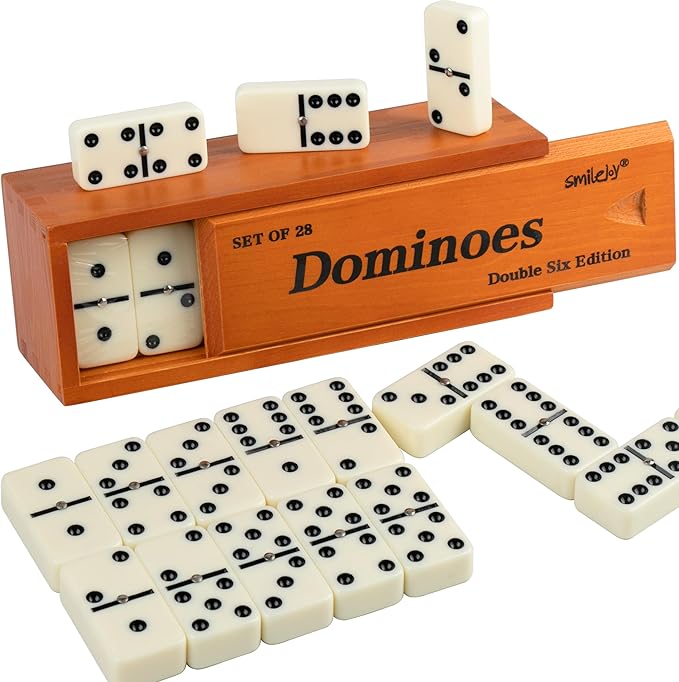 Smilejoy Dominos Set for Adults -Jumbo Size Dominoes Double Six Edition- Classic Board Games- Thick Size Double 6 Domino Set with Deluxe Brown Wood Box, 28 Tiles (2-4 Players)