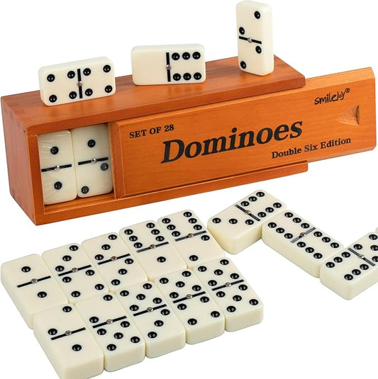 Smilejoy Dominos Set for Adults -Jumbo Size Dominoes Double Six Edition- Classic Board Games- Thick Size Double 6 Domino Set with Deluxe Brown Wood Box, 28 Tiles (2-4 Players)
