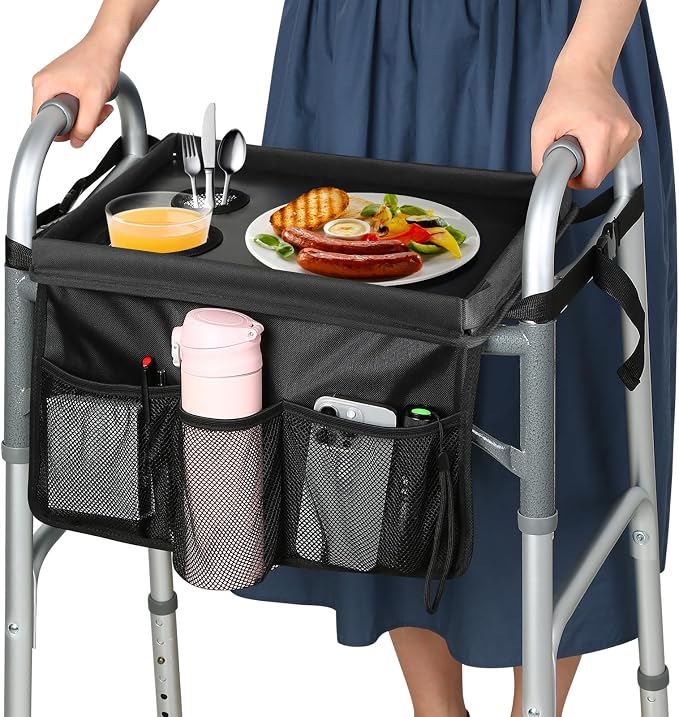 Walker Tray for Folding Walker, Trays for Walkers for Seniors Detachable with Cup Holder,Walker Trays for Rolling Folding Walker,Walker Accessories for Elderly (Black with Baffles)