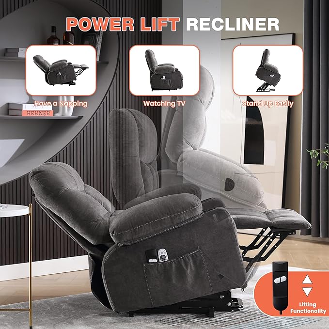 MAHOMICO Power Lift Recliner Chair for Elderly with Vibration Massage and Lumbar Heating,Electric Lift Recliner Single Sofa with Side Pocket,Two Cup Holders and USB Charge Port for Living Room