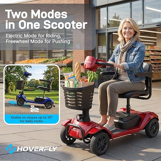 Hoverfly T4 Mobility Scooter for Seniors, Max 12.4-Mile Range & 3.7 mph, 3-Position Seat & Anti-slip Rear Wheel, Removed Battery&Quick Fold Design, Solid 9" Tire &330 lb Capacity, Ease of Assembly Red