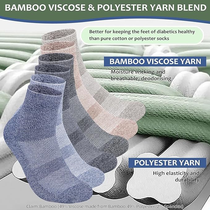 Bulinlulu Bamboo Viscose Diabetic Socks, 6 Pairs Non Binding Ankle Socks, Reinforced Toe, Size 6-9/9-11/13-15
