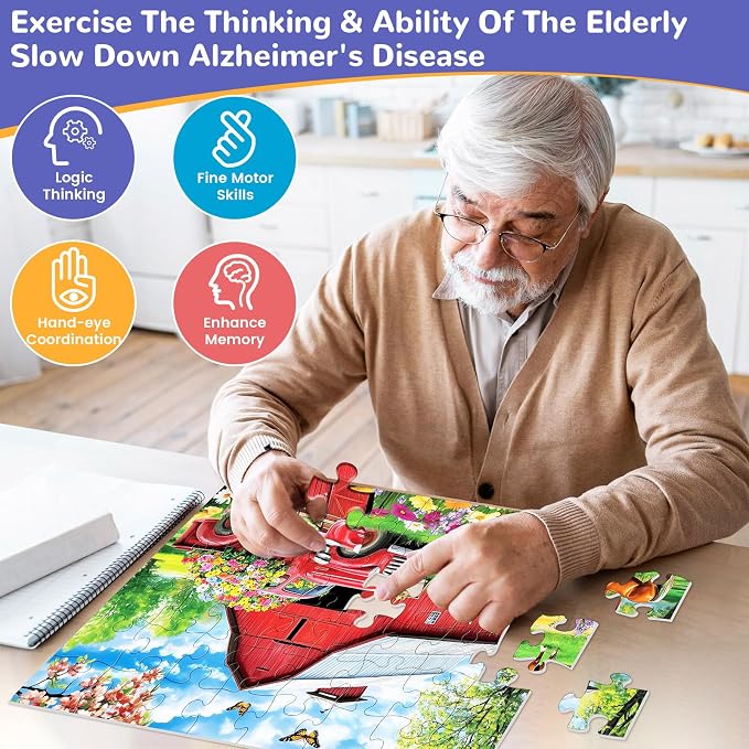 3 Packs 48 Large Piece Puzzle for Seniors,Dementia Alzheimer's Products Activities for Elderly Adults,Easy Puzzle Alzheimer’s Memory Cognitive Game Gift for Patient in Nursing Home with 6 Storage Bags