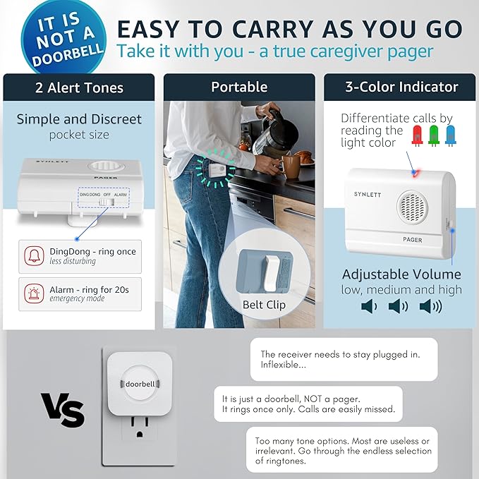 Caregiver Pager Wireless Nurse Call Button for Elderly Home Monitoring Alert System Portable Alarm Bell Seniors Patients Emergency 3 Call Buttons, 2 Pagers
