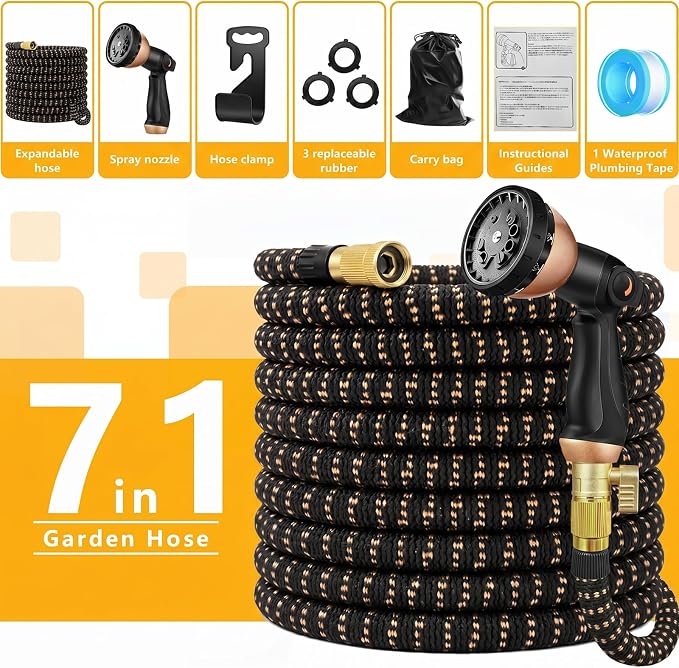 50 ft Expandable Garden Hose, Lightweight Expanding Water Hose with 10 Function Nozzle, 3/4" Solid Brass Fittings, 5-Layer Latex Core, No-Kink Flexible Retractable Hose for Patio, RV, Car Washing