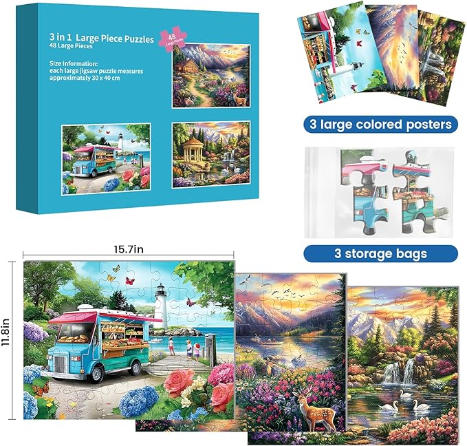 3 Pack 48 Large Piece Puzzle for Seniors Alzheimer’s Puzzles Dementia Alzheimer's Products Activities for Elderly Adults Mountains Village Sea Easy Jigsaw Puzzle Cognitive Games with 3 Storage Bags