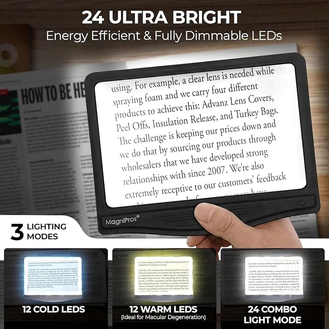 MAGNIPROS 5X Rechargeable LED Page Magnifier with Foldable Stand, Hands-Free Lighted Magnifier with 3 Color Modes, Anti-Glare Lens for Reading Small Print, Low Vision, Seniors, Crafts