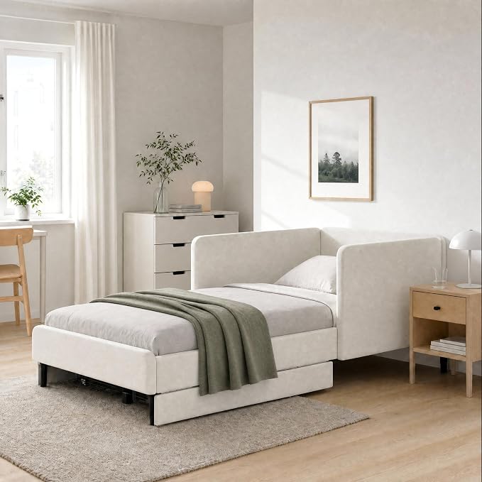 LIKIMIO Twin XL Daybed with 2 Drawers and Converse Headboard, Cream | No box spring needed. Perfect for dorms, studios, guest rooms, and small apartments.