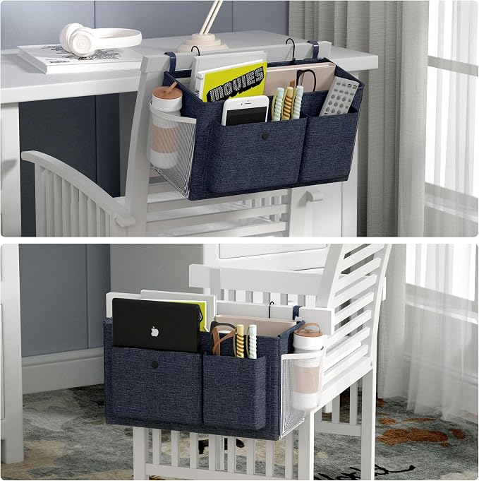 Bedside Caddy Bedside Storage Hanging Organizer for Bunk Dorm Bed Rail | Bed Caddy with Hooks, Top Bunks and Dorm Essentials for Water, Tissues, Tablets, Books, Phones, Remotes and Other Necessories