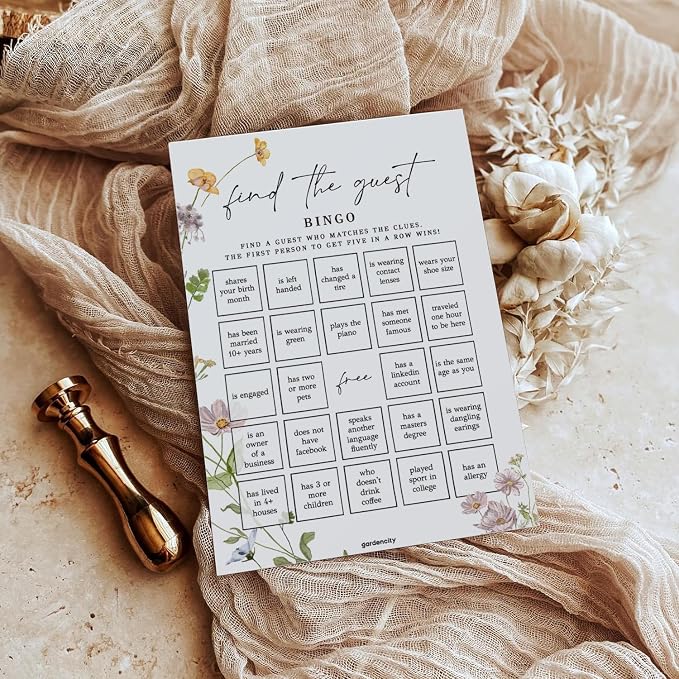 GardenCity Find The Guest Bingo Game Cards, Bridal Shower Games, Baby Shower Bingo, Wedding Game, 50 Cards - Wildflower