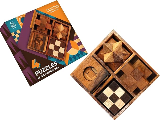 BSIRI 4 in 1 Wooden Brain Teaser Puzzles for Adults - Challenging 3D Desk Wood Puzzles Set Interlocking Hand Games for Mind Toys Suits for Rustic Patio Decor Unique Gift Office Decoration