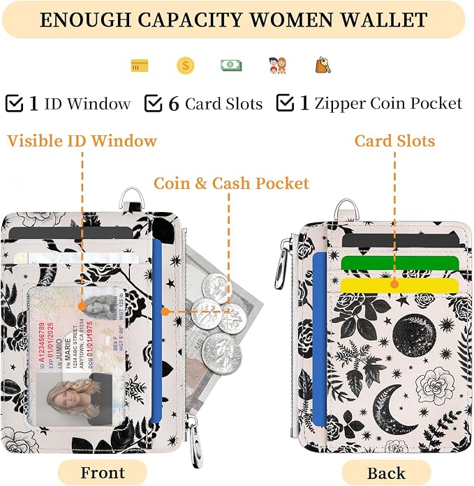 Hancynir Goth Moon Floral Wallet Women Credit Card Holder, Wristlet RFID | Gothic Keychain Lanyard Wallet, Travel Zipper Coin Pocket, Ladies Gifts Women, Minimalist Card Case, 6 Card Slots, PU Leather