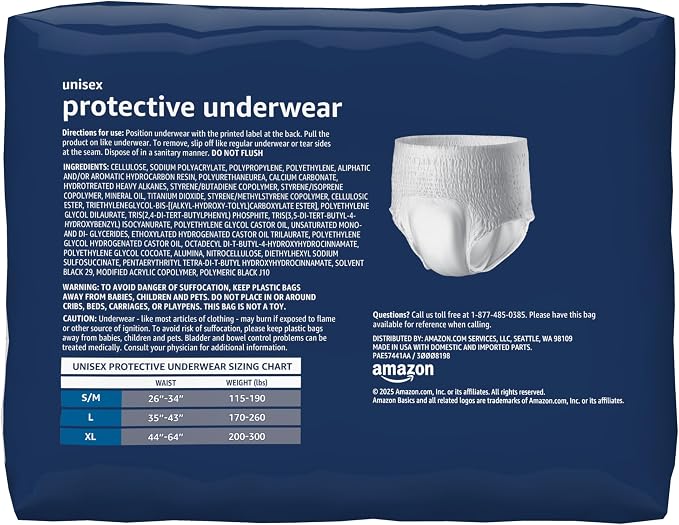 Amazon Basics Unisex Protective Underwear, Overnight Absorbency, Small/Medium, 16 Count (Pack of 2)