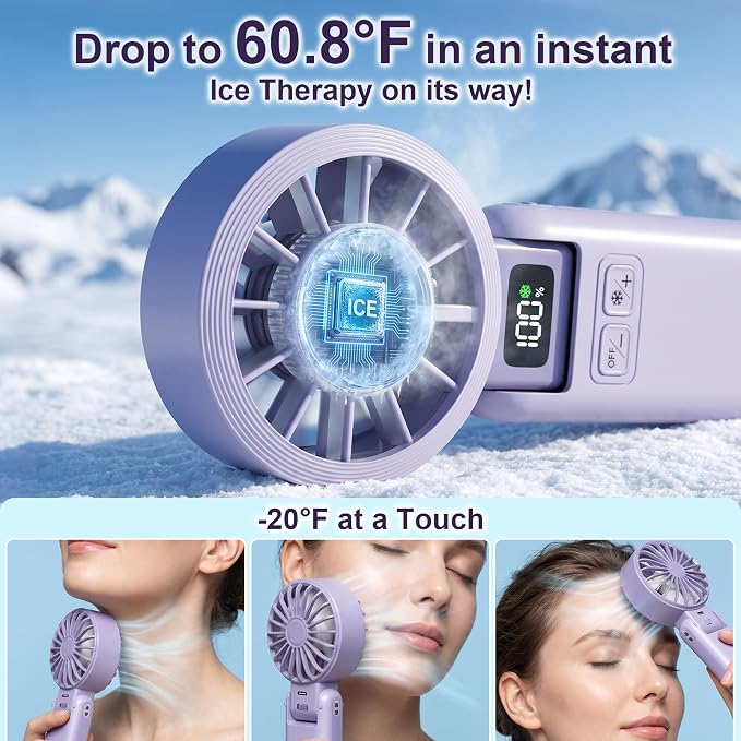 Portable Fan Handheld with Ice Cooling Rechargeable 5.5m/s Speed | 5-Speed, Independent Switch, Digital Display, Foldable Personal Fan for Travel/Concerts/Sport Events/Gifts