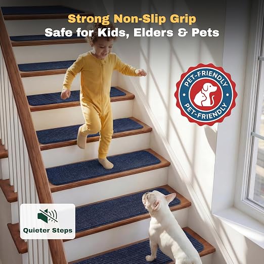 MBIGM Carpet Stair Treads for Wooden Steps, 15 Pack, 8" x 30", Navy Stripe | Four-layer polyester carpet with PP grid base, nonwoven cushion and TPR adhesive backing adds indoor traction and comfort