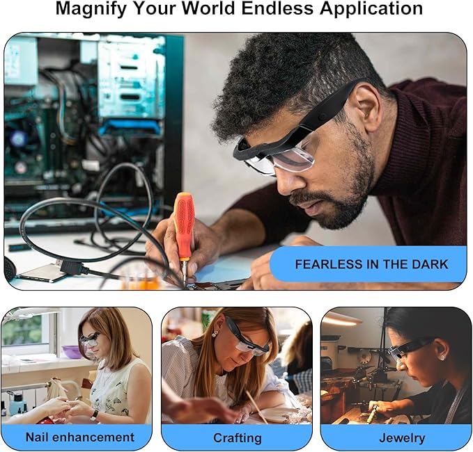Magnifying Glass with Light Hands Free, Rechargeable Magnifying Glasses Headset with 5 Detachable Lenses and Storage Case for Close Work, Reading, Jewelry Making Crafts (Black)