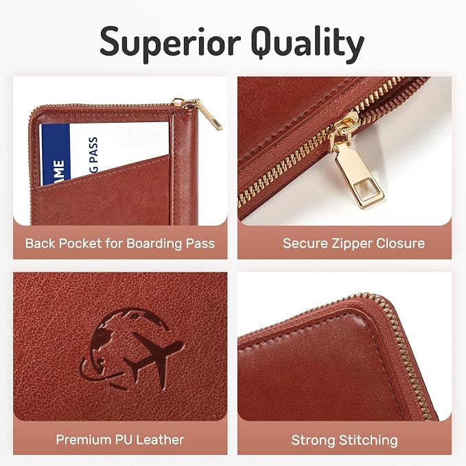 Forvencer Safe Zipper Passport Holder Cover, Passport Wallet for Travel | Sleek RFID Blocking Passport Book, Waterproof Travel Accessories for Women Men, Brown