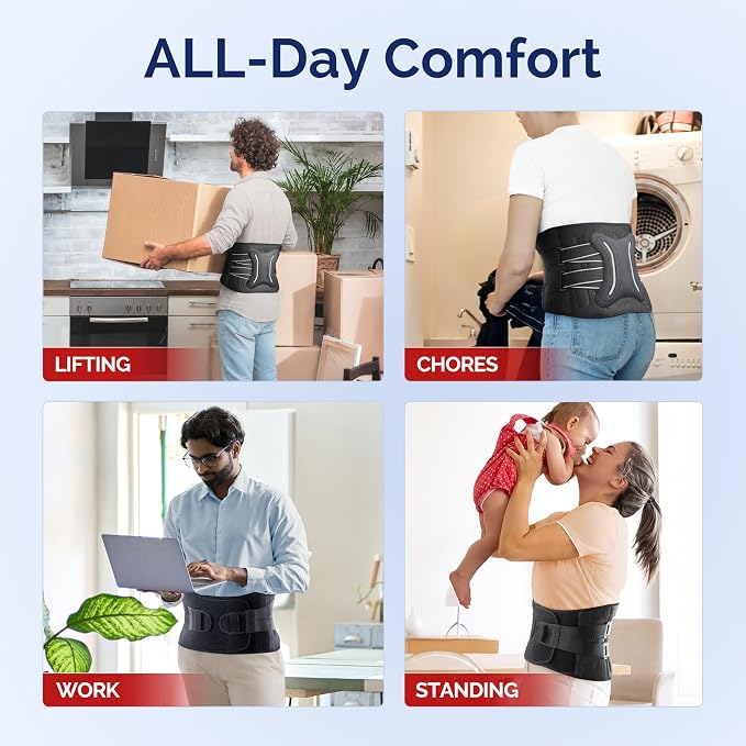 FEATOL Lower Back Brace with 5 Reinforced Stays for Women and Men, Adjustable Snug-Fit Lumbar Support Belt for Work, Size 4XL, Waist 53.1-57.5 in, Grey