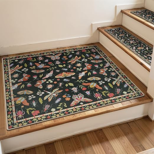 OJIA Insect Stair Treads Matching Mat for Wooden Steps 31"x31" Landing Mat | Square Stair Treads Rubber Anti-Slip Stair Carpet Landing Mat Stair Rugs, Black