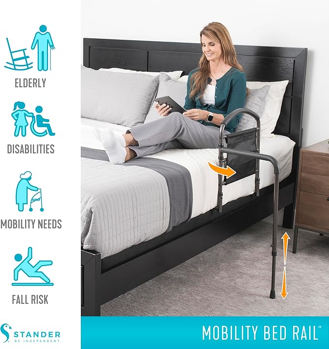 Stander Mobility Rail, Bedside Railing and Assist Bar with Swing-Out Safety Handle for Adults, Seniors, and Elderly, Guardrail with Organizer Pouch, ASTM Safety Approved Bedrail
