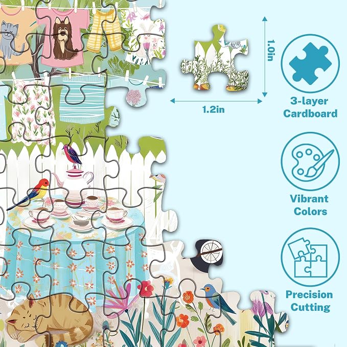 500 Piece Jigsaw Puzzle for Adults, Garden Laundry Day with Cats & Birds | Whimsical clotheslines, blooming flowers, cozy tea table, family game night, screen-free fun, wall decor and gifts