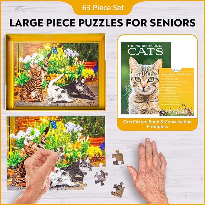Assistex Large Piece Jigsaw Puzzle for Seniors with Dementia with Conversation Prompts, Large Piece Memory Game for Adults, Elderly, and Dementia Patients – Cats Puzzle, 63 pcs