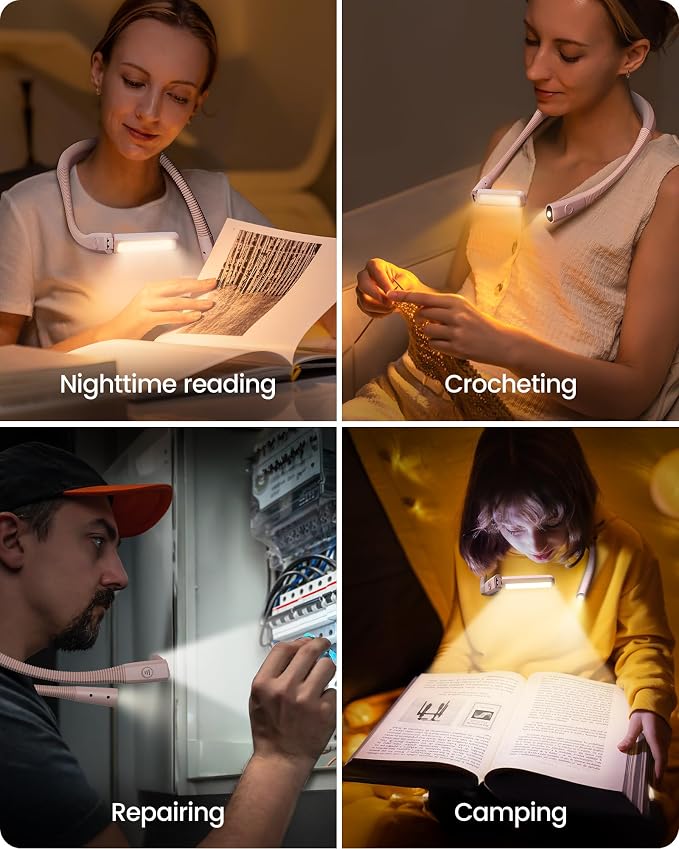 Glocusent Bendable Neck Light, 100 Hours Reading Light for Book Lover Gifts | Hands-Free, Knitting, Crafting, Repairing, 5-Color, Stepless Dimming, Ergonomic, Rechargeable, Eye Care, Sleep Aid, Traveling