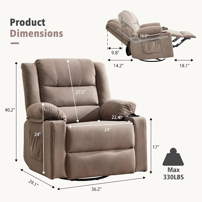 Ketaiyou Swivel Rocker Recliner Chair for Adults with Massage and Heat, Cup Holders and Side Pockets, Glider Rocking Reclining Single Sofa Chair for Living Room (Mocha2)