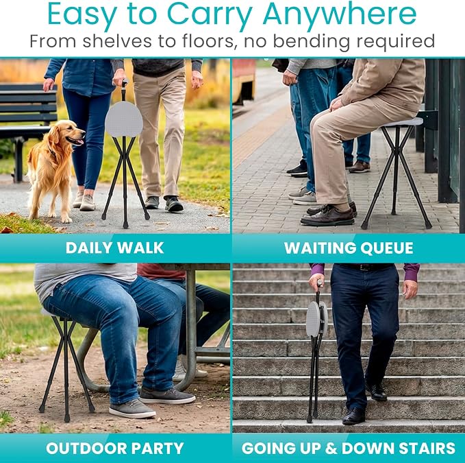 Vive Cane with Seat for Seniors - 2-in-1 Portable Cane w/Stool for Adults - Adjustable Walking Stick w/Folding Chair - Lightweight Aluminium, Anti-Slip, Easy Carry