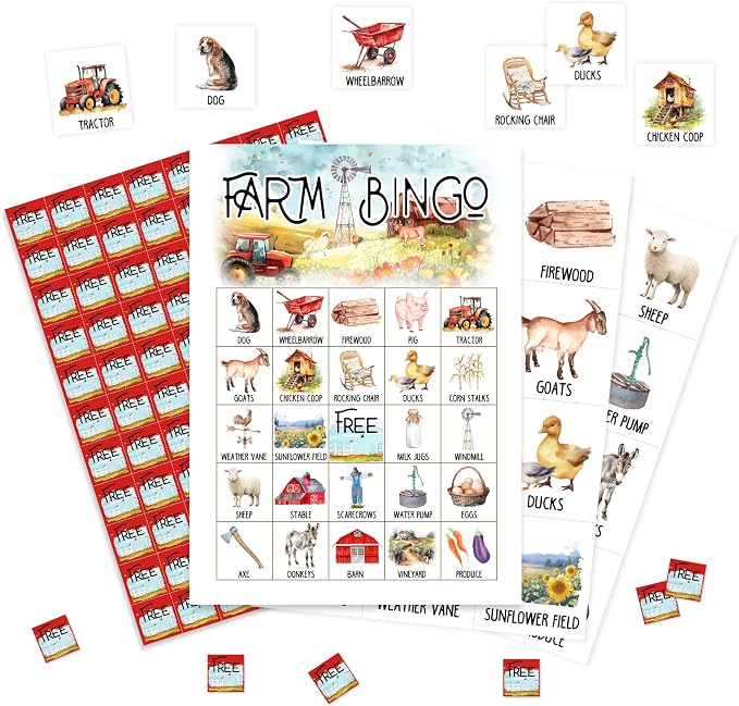 Farm Bingo Game Cards, Farm Barn Bingo Games for Adults, Field Cards Supplies, Farm Animal Birthday Party Decor Favors, Card Gifts for Women Friends Family Birthday Holiday, 04