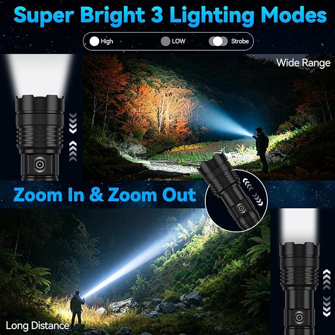 Rechargeable Flashlights High Lumens, Super Bright Tactical Flashlight 3 Modes with Power Display, Waterproof Zoomable LED Flash Light for Home Emergencies Camping Hiking