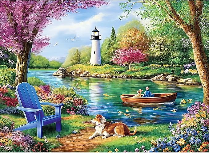 500 Piece Puzzle for Adults, Lighthouse Lake Landscape Jigsaw Puzzle with Dog, Garden Boat Scene, Puzzles for Adults 500 Pieces with Letters on Back, Cozy Nature Gift 20.5 x 15 in