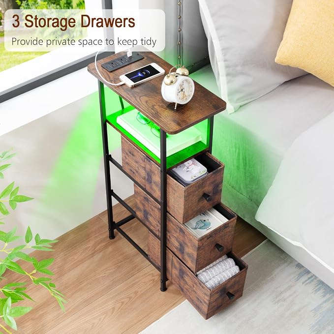 Narrow End Table with Charging Station, Small Nightstand | Skinny Side Tables Living Room with 3 Fabric Drawers, Slim Bedside Table with LED Lights for Bedroom, Small Spaces, Brown
