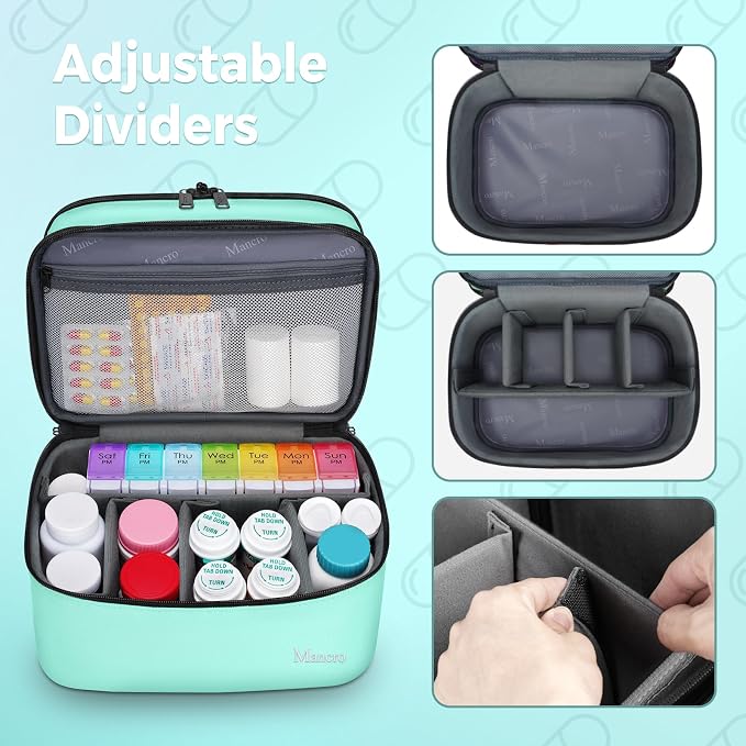 Mancro Dual Layers Medicine Organizer Bag, Pill Bottle Organizer Storage with Lockable Zipper, Medication Travel Bag for Pills, Vitamins, Medical Supplies for Home Storage, Travel, Green