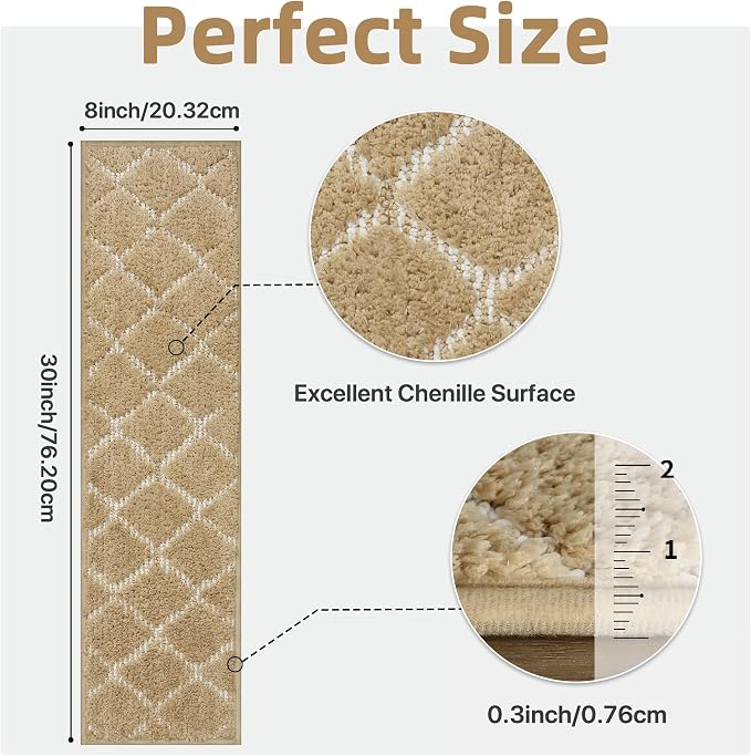 sarben 8"x30" Non Slip Stair Treads for Wooden Steps 15 Pack, Tan White | Peel and Stick Carpet Stair Runner with TPE Adhesive Backing, Carpet for Added Safety, Pet and Senior Friendly