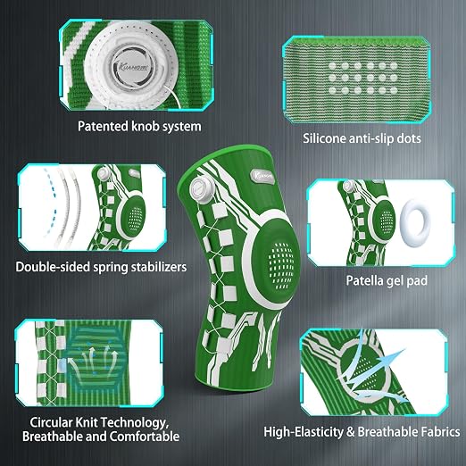 Kuangmi Knob Knee Brace for Pain Relief, Knee Support with Patella Gel Pad & Side Stabilizers, Compression Knee Sleeve for Workout, Arthritis, Joint Pain, Meniscus Tear (Green White,Right,Large,Single)