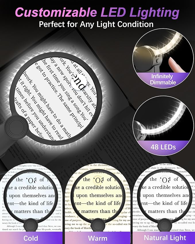 5X 15X Hands Free Magnifying Glass with Light for Reading 3 Color 48 LEDs, Neck Wear Magnifier with Light Hands Free for Reading Books, Crafts, Cross Stitch, Sewing, Close Work, Seniors, Low Vision