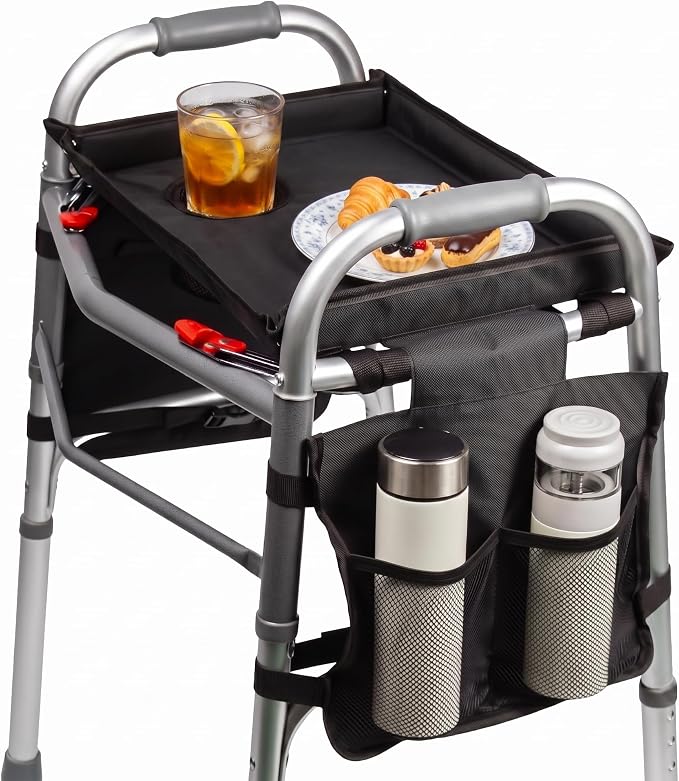 Walker Tray with Cup Holder with 2 Side Pockets, Tray for Folding Walkers, Food Tray, Walker Accessories, Tray Table for Standard Adult Walkers