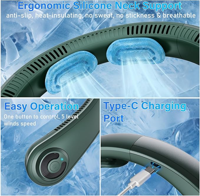 5000mAh Portable Neck Fan, [16H Long Lasting] Bladeless Personal Fan, 5 Speeds Wearable Fan for Neck, Ultra Quiet Rechargeable Cooling Fan for Travel, Outdoor, Hot Flashes, Golf, Office
