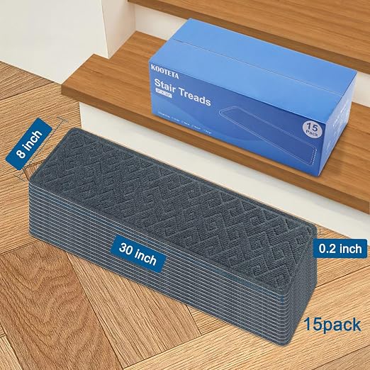 Stair Treads for Wooden Steps Indoor, 15 Pack 8" X 30" Non Slip Carpet Stair Treads with Reusable Adhesive for Elders and Dogs, Surface Polyester TPR Backing Stair Rugs