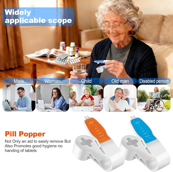 Pill Card Popper Portable Pill Popper Tool Pill Taker Remover Pill Splitter Pill Puncher Tool for Blister Packs Automatic Pill Dispenser A Tool for Assisting in the Removal of Pills(Blue and Orange)