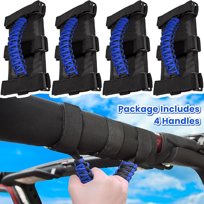 4 x Roll Bar Grab Handles Grip Handle for Jeep Wrangler JK JKU JL JLU TJ YJ Sports Sahara Freedom Rubicon Unlimited Gladiator JT 1955-2023 UTV ATV Premium 550 Paracord Interior Accessories (Blue)