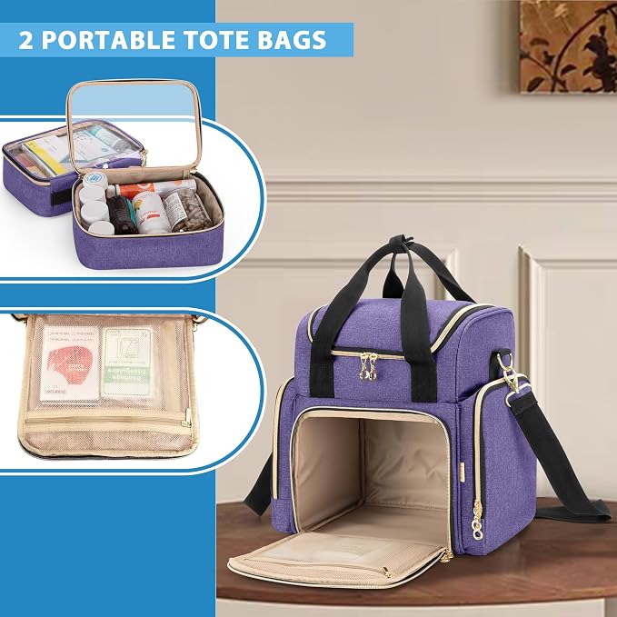 LUXJA Large Medicine Bag with 2 Removable Cases, Purple | Medicine Storage Bag with Multiple Pockets, Pill Bottle Organizer with Shoulder Strap, Trolley Sleeve for Travel or Home