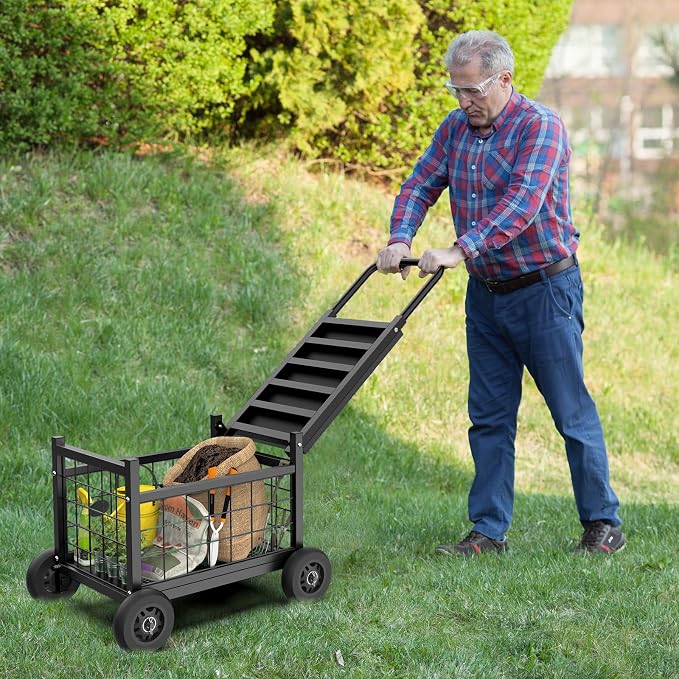 Garden Cart with Seat,3-in-1 Rolling Seat with Wheels for Gardening Seniors | Upgraded Heavy Duty Gardenning Cart with Seat, Supports up to 500 LBS for Seniors, Lawn, Patio & Backyard Gardening, Black