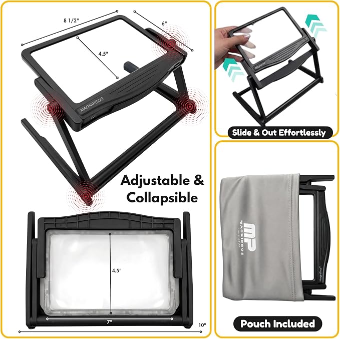 MAGNIPROS 5X Rechargeable LED Page Magnifier with Foldable Stand, Hands-Free Lighted Magnifier with 3 Color Modes, Anti-Glare Lens for Reading Small Print, Low Vision, Seniors, Crafts