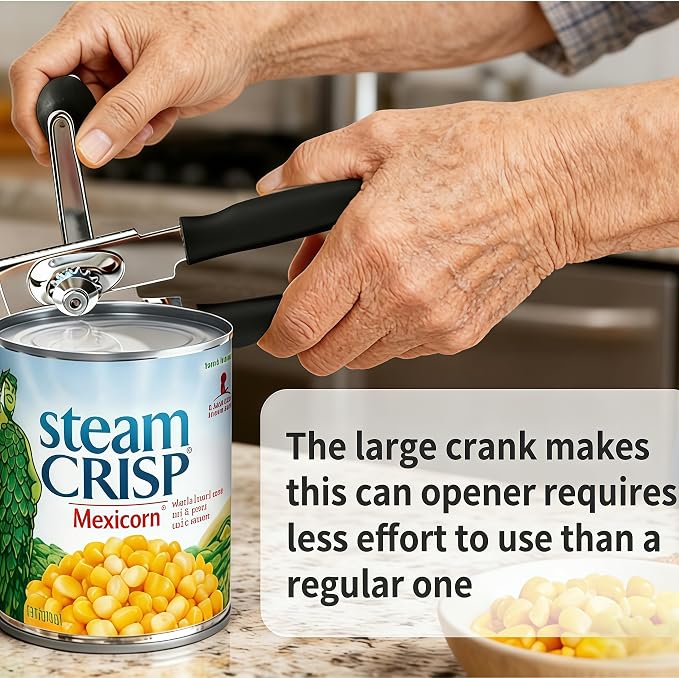 Manual Can Opener for Seniors & Arthritis, Smooth Safe Edge | Effortless long non-slip grips for weak hands. Magnetic lid lifter, fits all standard cans for daily home use.