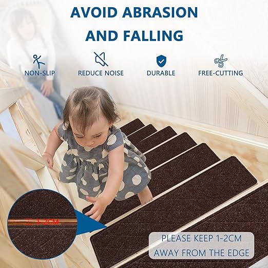 KOOTETA Stair Treads for Wooden Steps Indoor, 15 Pack 8" X 30" Non Slip Carpet Stair Treads with Reusable Adhesive for Elders and Dogs, Surface Polyester TPR Backing Stair Rugs, Brown