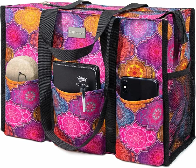 TOPDesign Utility Water Resistant Tote Bag with 13 Pockets, Top Zipper Closure & Thick Bottom Support, for Working Women