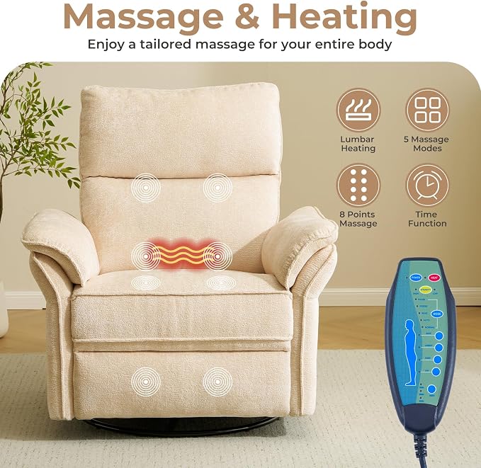Oversized Power Recliner Chair Swivel Glider with Massage and Heat, Rocker Nursery Recliner for Adults with Adjustable Headrest, 24" Extra Wide Nursery Chair with Overstuffed Armrest,Beige
